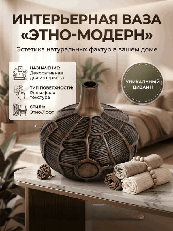 Ваза настольная коричневая с рельефным геометрическим узором