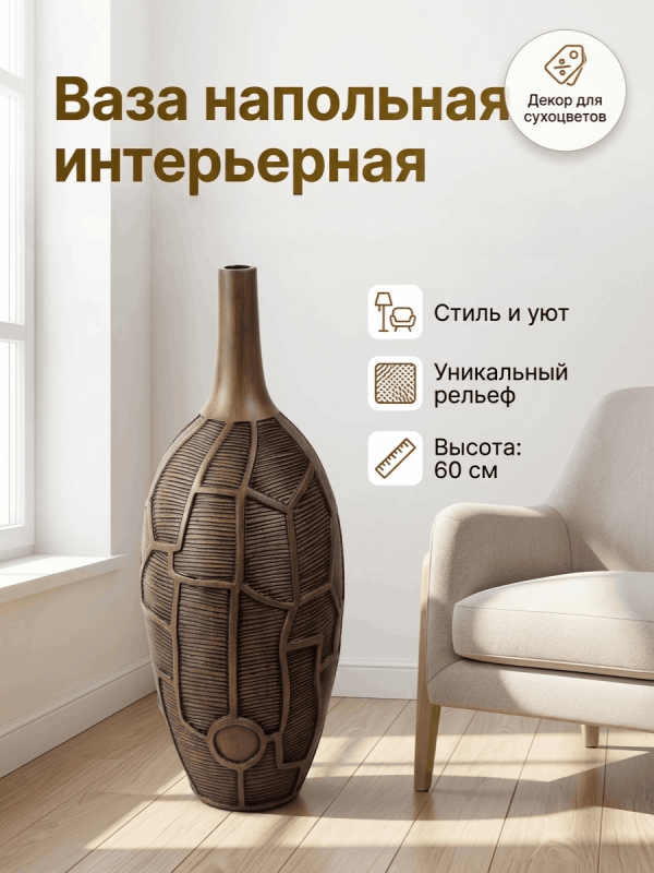 Ваза напольная интерьерная с рельефным узором в виде лепестков
