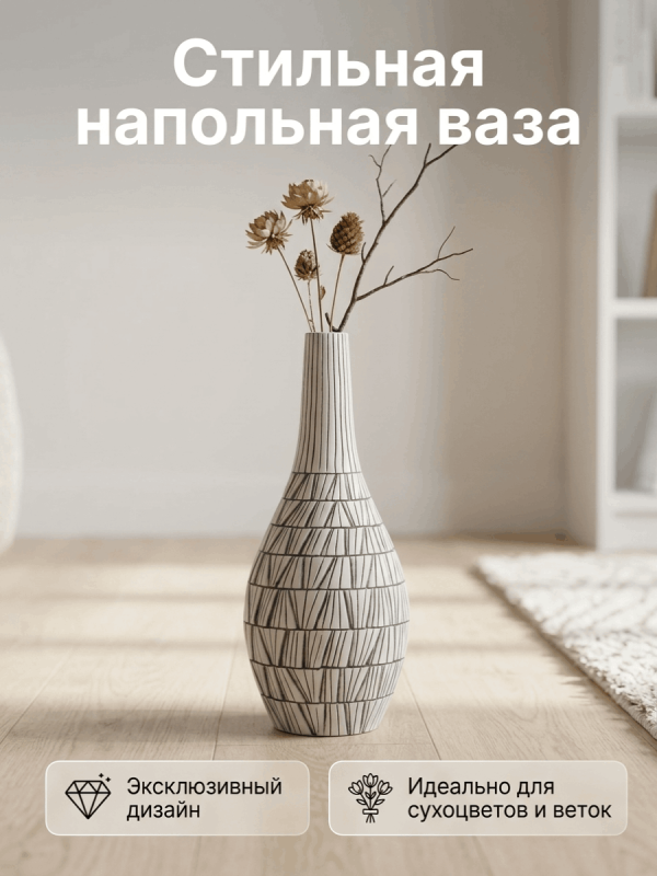 Ваза напольная интерьерная с рельефным узором в виде лепестков