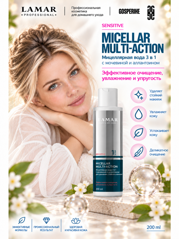 LAMAR PROFESSIONAL MICELLAR MULTI-ACTION &mdash; мицеллярная вода 3 в 1 для снятия макияжа с мочевиной и аллантоином, 200 мл