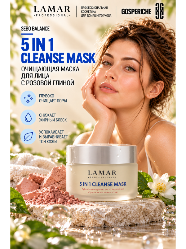 LAMAR PROFESSIONAL 5 IN 1 CLEANSE MASK &mdash; очищающая маска для лица с розовой глиной, 100 мл