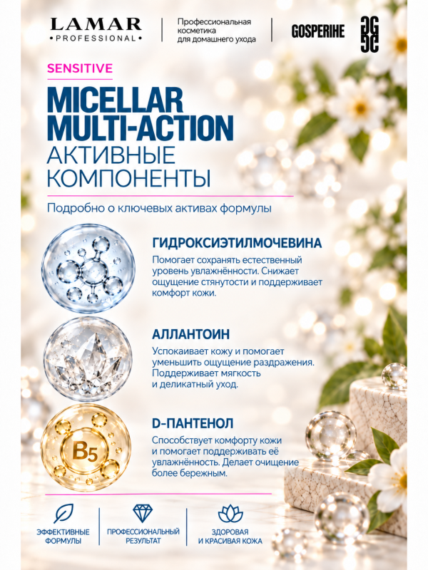 LAMAR PROFESSIONAL MICELLAR MULTI-ACTION &mdash; мицеллярная вода 3 в 1 для снятия макияжа с мочевиной и аллантоином, 200 мл
