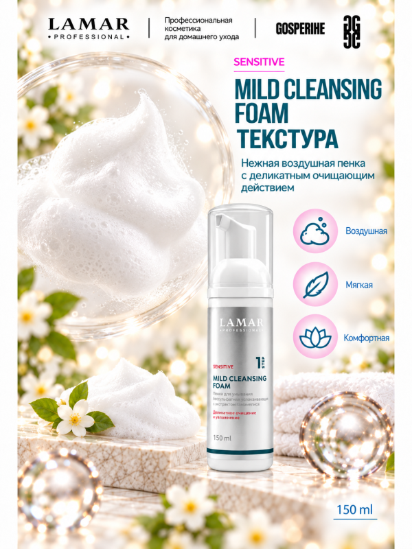 LAMAR PROFESSIONAL MILD CLEANSING FOAM &mdash; пенка для умывания бессульфатная успокаивающая с экстрактом гамамелиса, 150 мл