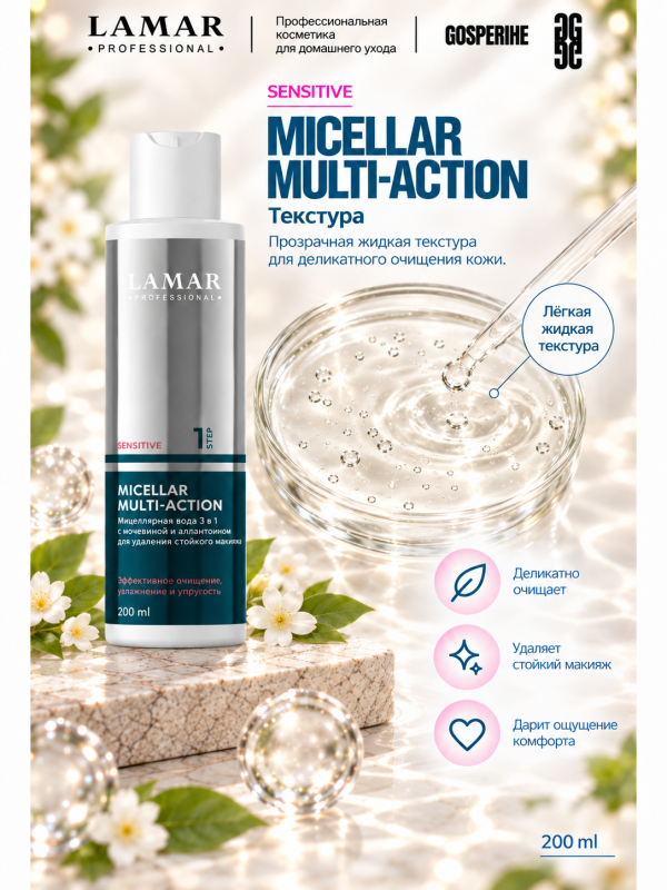 LAMAR PROFESSIONAL MICELLAR MULTI-ACTION &mdash; мицеллярная вода 3 в 1 для снятия макияжа с мочевиной и аллантоином, 200 мл