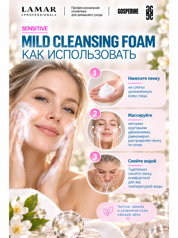 LAMAR PROFESSIONAL MILD CLEANSING FOAM &mdash; пенка для умывания бессульфатная успокаивающая с экстрактом гамамелиса, 150 мл