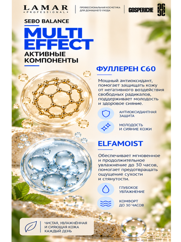 Lamar Professional Тоник для лица увлажняющий очищающий с гиалуроновой и молочной кислотами MULTI EFFECT, для жирной кожи лица 200 мл