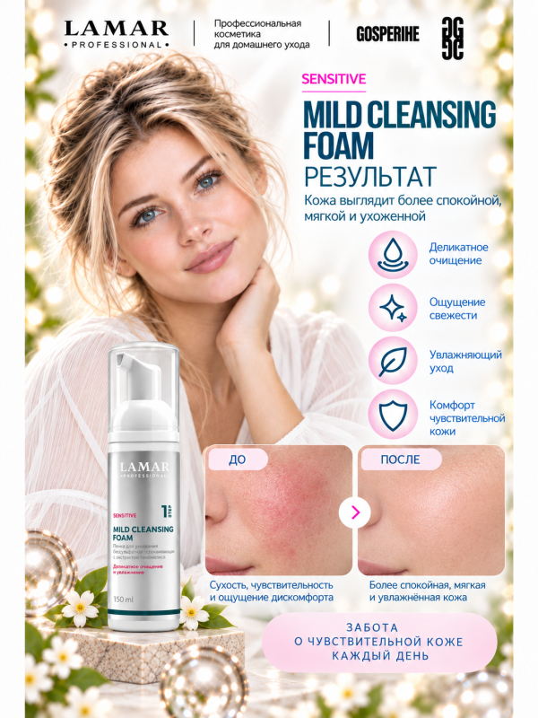 LAMAR PROFESSIONAL MILD CLEANSING FOAM &mdash; пенка для умывания бессульфатная успокаивающая с экстрактом гамамелиса, 150 мл